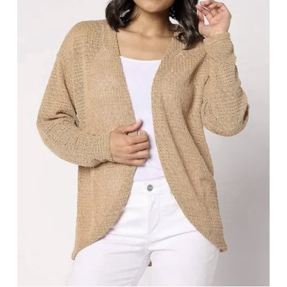 NWT Denim & Co. Fauxchet Long Sleeve Shrug‎ Cardigan Tan 2X Casual Open Front